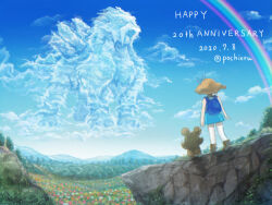 Rule 34 | 1girl, 2020, 2others, anniversary, artist request, back, blonde hair, blue sky, cloud, cloudy sky, creatures (company), dated, dress, entei, eyelashes, field, flower, flower field, forest, full body, game freak, gen 2 pokemon, hair ornament, legendary pokemon, looking at another, molly hale, multiple others, nature, nintendo, pokemon, pokemon (anime), pokemon (classic anime), pokemon (creature), pokemon 3: the movie - spell of the unown: entei, short sleeves, sky, smile, teddiursa, title, twitter username