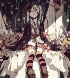Rule 34 | 1girl, expressionless, halloween, highres, necktie, original, pleated skirt, pudding (8008208820), red eyes, short hair, sitting, skirt, solo, striped clothes, striped thighhighs, thighhighs, white hair, zettai ryouiki