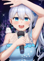 Rule 34 | 1girl, absurdres, animal, animal on shoulder, arm up, armpits, bare shoulders, bird, bird on shoulder, blue eyes, breasts, commentary request, earrings, female focus, grey hair, highres, holding, holding microphone, indie virtual youtuber, jewelry, large breasts, long hair, looking at viewer, masamika10086, microphone, mirea sheltzs, open mouth, ponytail, smile, solo, sparkle, upper body, virtual youtuber