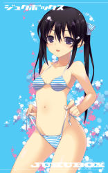 Rule 34 | 1girl, bare shoulders, bikini, black hair, bow, breasts, dasoku sentarou, groin, hair bow, long hair, looking at viewer, navel, parted lips, purple eyes, side-tie bikini bottom, solo, striped bikini, striped clothes, swimsuit, twintails, untied