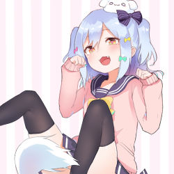 Rule 34 | 13o, 1boy, :3, arms up, black socks, blue hair, bow, dog tail, fang, hair bow, inuyama tamaki, kneehighs, knees up, looking at viewer, male focus, noripro, open mouth, patterned background, pink shirt, purple skirt, sailor collar, school uniform, serafuku, shirt, simple background, sitting, skirt, socks, solo, tail, trap, two side up, virtual youtuber, yellow bow, yellow eyes