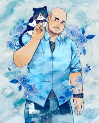 Rule 34 | 1boy, affectionate, animal, animal on shoulder, bald, bara, beard stubble, blue background, blue shirt, bulge, cat, cat on shoulder, collared shirt, daisukebear, facial hair, feet out of frame, floral background, highres, layered shirt, looking at viewer, male focus, mature male, muscular, muscular male, mustache stubble, original, petting, shirt, short hair, solo, standing, stubble, thick eyebrows, watch, wristwatch