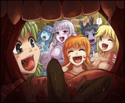 Rule 34 | 6+girls, absurdres, blonde hair, breasts, colored skin, crisis, display, drooling, giant, giantess, green hair, helpless, highres, horns, inside creature, karbo, mini person, miniboy, minigirl, multiple girls, nipples, open mouth, orange hair, pov, purple hair, purple skin, reaching, reaching towards viewer, saliva, scared, screaming, size difference, smile, soft vore, subeta, swallowing, tasting, teeth, tongue, tongue out, uvula, vivian (karbo), vore