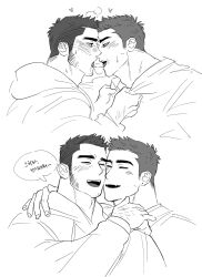 Rule 34 | 2boys, arm hair, bara, blush, cheek-to-cheek, collage, couple, cropped torso, ear piercing, eye contact, facial hair, french kiss, greyscale, head on another&#039;s shoulder, heads together, heart, highres, hood, hood down, ina (ina29ana), kiss, korean text, laughing, long sideburns, looking at another, loving aura, male focus, mature male, min woong (ina), monochrome, multiple boys, original, piercing, saliva, saliva trail, sequential, shirt tug, short hair, sideburns, stubble, thick eyebrows, torogao, translation request, yaoi