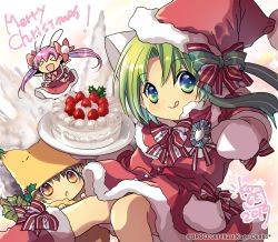 Rule 34 | &gt; &lt;, 3girls, :d, animal ears, blue eyes, blush, brown eyes, brown hair, cake, capelet, cat ears, chibi, closed mouth, commentary, dated, dejiko, di gi charat, dress, food, fur trim, gema, green eyes, green hair, hat, highres, holding, holding cake, holding food, koge donbo, looking at viewer, merry christmas, mittens, multiple girls, official art, open mouth, pink hair, puchiko, rabbit ears, red dress, sack, santa costume, santa hat, short hair, signature, simple background, smile, strawberry shortcake, tongue, tongue out, twintails, usada hikaru, watermark, white mittens, xd