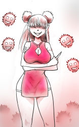 Rule 34 | 1girl, 4others, ass, bare shoulders, breasts, china dress, chinese clothes, cleavage cutout, clothing cutout, corona-chan, coronavirus, coronavirus pandemic, dress, gloves, long hair, multiple others, okamisaga, pointy ears, short dress, smile, socks, yandere