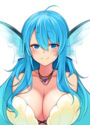 Rule 34 | 1girl, ahoge, bad id, bad twitter id, blue eyes, blue hair, blush, breasts, cleavage, closed mouth, collarbone, fins, head fins, huge breasts, jewelry, long hair, looking at viewer, mermaid, monster girl, necklace, original, simple background, smile, solo, suruga (xsurugax), white background