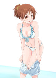 Rule 34 | 1girl, bikini, blue background, blue shorts, blush, breasts, brown eyes, brown hair, cleavage, collarbone, commentary request, dresstrip, frilled bikini, frills, hair between eyes, hair ribbon, hirasawa ui, k-on!, looking at viewer, medium breasts, open mouth, ponytail, ribbon, shiny skin, short hair, shorts, simple background, smile, solo, swimsuit, two-tone background, undressing, white background, white bikini, yellow ribbon