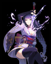 Rule 34 | 1girl, absurdres, angcha, armor, black background, black thighhighs, braid, breasts, bridal gauntlets, cleavage, commentary request, electricity, floral print, flower, genshin impact, hair ornament, highres, holding, holding sword, holding weapon, human scabbard, japanese clothes, kimono, large breasts, long hair, long sleeves, looking at viewer, mitsudomoe (shape), mole, mole under eye, nail polish, obi, obiage, obijime, open mouth, purple eyes, purple flower, purple hair, purple nails, raiden shogun, ribbon, sash, shoulder armor, simple background, solo, sword, tassel, thighhighs, tomoe (symbol), weapon, wide sleeves
