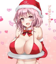 Rule 34 | 1girl, :d, amagi (amagi626), bare shoulders, bikini, blush, bow, bowtie, breast rest, breasts, breasts on tray, carried breast rest, carrying, christmas, commentary request, detached collar, elbow gloves, fur-trimmed gloves, fur trim, gloves, gradient background, hat, heart, highres, large breasts, looking at viewer, open mouth, pink background, pink eyes, pink hair, red bikini, red bow, red bowtie, red gloves, red hat, saigyouji yuyuko, santa bikini, santa hat, short hair, smile, solo, sparkle, stomach, swimsuit, touhou, translation request, upper body, white background