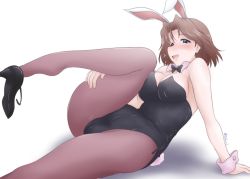 Rule 34 | 1girl, animal ears, arm support, azumi (girls und panzer), black bow, black bowtie, black footwear, black leotard, blue eyes, blush, bow, bowtie, breasts, brown hair, cleavage, collar, commentary, detached collar, fake animal ears, fake tail, girls und panzer, half-closed eyes, high heels, large breasts, leaning back, leg up, legs, leotard, looking at viewer, one-hour drawing challenge, open mouth, pantyhose, playboy bunny, rabbit ears, rabbit tail, shadow, short hair, simple background, sitting, smile, solo, strapless, strapless leotard, tail, twitter username, white background, white collar, wing collar, wrist cuffs, yts takana