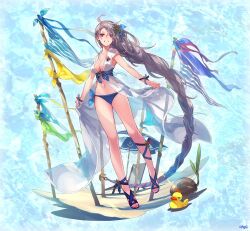 1girl absurdly_long_hair ancient_killers_(phantom_of_the_kill) beach blue_umbrella breasts chair commentary_request da-kuro flag full_body grey_hair hair_ornament long_hair looking_at_viewer no_socks official_alternate_costume official_art outdoors parasol parted_lips phantom_of_the_kill ragnarok_(phantom_of_the_kill) red_eyes rubber_duck sandals second-party_source solo standing standing_on_one_leg swimsuit transparent_background two-tone_umbrella umbrella very_long_hair white_umbrella