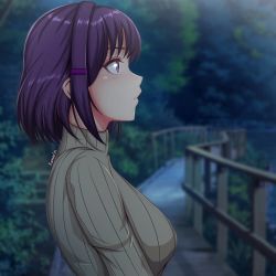 Rule 34 | 1girl, aged up, alternate hair length, alternate hairstyle, artist name, beige sweater, blurry, blurry background, commentary, depth of field, doki doki literature club, english commentary, expressionless, from side, hair ornament, hairclip, highres, kanarin6, looking away, outdoors, profile, purple eyes, purple hair, railing, ribbed sweater, short hair, solo, sweater, turtleneck, turtleneck sweater, upper body, yuri (doki doki literature club)