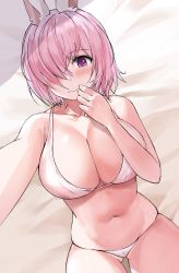 Rule 34 | 1girl, alternate costume, animal ears, bad id, bad pixiv id, bare arms, bare shoulders, blush, bra, breasts, cleavage, commentary request, fate/grand order, fate (series), hair over one eye, highres, large breasts, light purple hair, looking at viewer, lying, mash kyrielight, navel, on back, panties, purple eyes, rabbit ears, short hair, solo, suou-sensei, underwear, underwear only, white bra, white panties