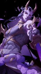 Rule 34 | 1boy, abs, absurdres, artist name, black background, black hair, black sclera, broken mask, closed mouth, colored sclera, demon horns, fingernails, highres, holding, holding sword, holding weapon, horns, inkshadow yone, league of legends, long hair, looking at viewer, mask, muscular, muscular male, no pupils, official alternate costume, oni mask, purple eyes, shadderfans, sharp fingernails, simple background, solo, sword, upper body, weapon, yone (league of legends)