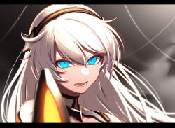 Rule 34 | 1girl, blue eyes, blurry, blurry foreground, collarbone, commentary request, depth of field, glowing, hairband, highres, honkai (series), honkai impact 3rd, kiana kaslana, kiana kaslana (white comet), letterboxed, long hair, looking at viewer, open mouth, portrait, solo, thick eyebrows, v-shaped eyebrows, white hair, yunomi (yunomi hs)