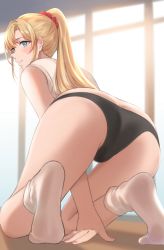 Rule 34 | 1girl, alternate hairstyle, ass, ass focus, black panties, blonde hair, blue eyes, butt crack, feet, granblue fantasy, hair ornament, hair scrunchie, highres, kneeling, legs, long hair, looking to the side, nail polish, no shoes, on floor, panties, parted lips, pink nails, ponytail, red scrunchie, renzu (lens 02), scrunchie, shirt, sleeveless, sleeveless shirt, socks, soles, solo, underwear, white shirt, white socks, zeta (granblue fantasy)