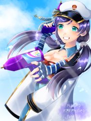 Rule 34 | 1girl, aqua eyes, artist name, artist request, blue gloves, blue sky, blush, breasts, buttons, cloud, collarbone, day, female focus, fingerless gloves, floating hair, gloves, green eyes, hair ornament, hair scrunchie, highres, holding, holding water gun, jacket, long hair, long twintails, looking at viewer, love live!, love live! school idol festival, love live! school idol project, low twintails, medium breasts, outdoors, parted lips, purple hair, scrunchie, sky, smile, solo, star (symbol), star print, teeth, text focus, tojo nozomi, twintails, water gun, white headwear, white jacket, white scrunchie, wing collar