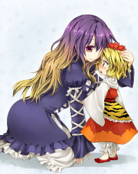 Rule 34 | 2girls, age difference, aged down, blonde hair, blush, cape, child, dress, fang, female focus, flower, gradient hair, hair ornament, hand on another&#039;s head, height difference, hijiri byakuren, long hair, lotus, mini person, minigirl, multicolored hair, multiple girls, open mouth, petite, shin-a, short hair, size difference, smile, tachikoma (shin-a), toramaru shou, touhou, yellow eyes