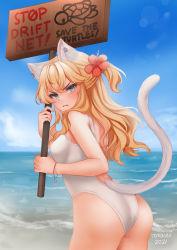 Rule 34 | 1girl, animal ears, ass, beach, blonde hair, blue eyes, blush, bracelet, cat ears, cat tail, charm (object), closed mouth, commentary, copyright request, cowboy shot, dated, day, english commentary, flower, from behind, frown, hair flower, hair ornament, highres, holding, holding sign, horizon, jewelry, long hair, looking at viewer, looking back, one side up, outdoors, red flower, sign, signature, solo, standing, tail, tail raised, temachii