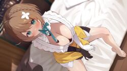 Rule 34 | 1girl, absurdres, ahoge, aogiri koukou, apron, aqua eyes, asymmetrical gloves, bare legs, barefoot, blurry, blurry background, blush, bow, bowtie, braid, breasts, brown hair, cleavage, detached collar, downblouse, dutch angle, flower, from above, gloves, hair flower, hair ornament, highres, huge ahoge, indoors, kkix25, kurikoma komaru, large breasts, leaning forward, looking at viewer, medium hair, mismatched gloves, mouth hold, naked apron, on bed, ribbon, sitting, solo, virtual youtuber