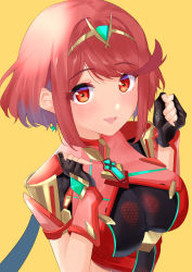 Rule 34 | 1girl, armor, black gloves, breastplate, breasts, dangle earrings, earrings, fingerless gloves, gauntlets, gem, gloves, highres, jewelry, kyaro (wanu 14), large breasts, large pectorals, looking at viewer, open mouth, pectorals, pyra (xenoblade), red eyes, red hair, short hair, shoulder armor, smile, swept bangs, triangle mouth, upper body, xenoblade chronicles (series), xenoblade chronicles 2, yellow background