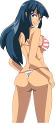 Rule 34 | 1girl, ass, bikini, blue eyes, blue hair, breasts, creatures (company), dawn (pokemon), deviantart, fallere825, game freak, highres, large breasts, long hair, looking at viewer, looking back, nintendo, pokemon, pokemon dppt, solo, standing, striped bikini, striped clothes, swimsuit