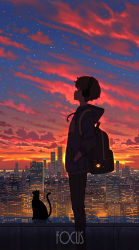 Rule 34 | 1boy, absurdres, backlighting, backpack, bag, cat, city, city lights, cityscape, cloud, commentary, drawstring, english commentary, english text, evening, feet out of frame, from side, hands in pockets, headphones, highres, hood, hood down, hoodie, landscape, looking away, looking up, male focus, night, original, outdoors, pants, pasoputi, paw print, scenery, short hair, sky, solo, standing, star (sky), starry sky, sunset, twilight