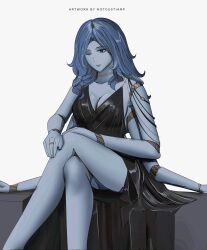 Rule 34 | 1girl, alternate costume, artist name, bare shoulders, black dress, blue eyes, blue hair, blue skin, breasts, cleavage, closed mouth, collarbone, colored skin, dress, elden ring, expressionless, extra arms, feet out of frame, grey background, highres, jewelry, large breasts, long hair, notgustiarp, one eye closed, ranni the witch, simple background, sitting, sleeveless, sleeveless dress, solo, thighs