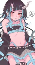 Rule 34 | 1girl, nanashi inc., belt, belt bra, black hair, black jacket, black skirt, black thighhighs, blue belt, blue hair, blue panties, blush, chest belt, closed mouth, cowboy shot, cross-laced clothes, cross-laced sleeves, demon girl, demon horns, demon tail, fang, flat chest, garter straps, goten (510gensoku), grey skirt, highleg, highleg panties, highres, horns, jacket, layered skirt, long hair, long sleeves, looking at viewer, midriff, multicolored hair, navel, off shoulder, panties, pointy ears, red eyes, revision, shishio chris, simple background, single thighhigh, skirt, solo, sugar lyric, tail, thighhighs, two-tone hair, underwear, virtual youtuber, white background, zipper skirt
