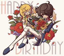 Rule 34 | 1boy, andre grandier, black hair, blonde hair, blue eyes, blue flower, blue jacket, boots, bouquet, brown hair, character doll, falling petals, flower, full body, hair over one eye, happy birthday, high heel boots, high heels, holding, holding bouquet, jacket, knee boots, long hair, long sleeves, looking at viewer, male focus, meremero, open mouth, pants, petals, red flower, red rose, rose, short hair, sitting, smile, solo, versailles no bara, white pants, yellow flower