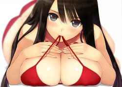 Rule 34 | 1girl, absurdres, bare shoulders, bikini, bikini in mouth, black eyes, black hair, blurry, blush, breast press, breast suppress, breasts, cleavage, clothes in mouth, depth of field, highres, large breasts, long hair, looking at viewer, lying, mouth hold, original, red bikini, scan, solo, swimsuit, tony taka