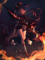 Rule 34 | + +, 1girl, absurdres, black nails, brown footwear, brown hair, brown headwear, brown shirt, brown shorts, closed mouth, fire, full body, furioso, genshin impact, hair between eyes, highres, holding, holding polearm, holding weapon, hu tao (genshin impact), leg up, long hair, long sleeves, looking at viewer, nail polish, night, night sky, polearm, red eyes, shirt, shorts, sky, smile, socks, solo, spear, twintails, weapon, white socks