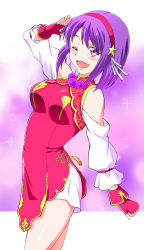 Rule 34 | 1girl, ;d, absurdres, arm up, blush, breasts, character request, clothing cutout, cowboy shot, dress, fingerless gloves, gloves, hair ornament, hair ribbon, hairband, highres, medium breasts, medium hair, one eye closed, open mouth, purple eyes, purple hair, red dress, red gloves, red hairband, ribbon, short dress, shoulder cutout, smile, solo, sparkle, standing, star (symbol), star hair ornament, the king of fighters, the king of fighters xv, white ribbon, yonecchi