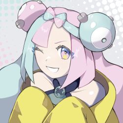 Rule 34 | 1girl, bow-shaped hair, character hair ornament, collarbone, commentary request, creatures (company), game freak, green hair, grey shirt, grin, hair ornament, hands up, iono (pokemon), jacket, looking at viewer, multicolored hair, nintendo, one eye closed, pink eyes, pink hair, pokemon, pokemon sv, shiomipon, shirt, sleeveless, sleeveless shirt, smile, solo, teeth, two-tone hair, upper body, yellow jacket