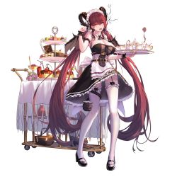 Rule 34 | 1girl, ark order, belphegor (ark order), black dress, black footwear, black gloves, blush, breasts, cake, cake stand, cat, cleavage, cup, detached collar, dress, food, gloves, hair between eyes, head tilt, high heels, highres, holding, holding tray, horns, large breasts, long hair, looking at viewer, maid, mary janes, one eye closed, pudding, red hair, saucer, shoes, simple background, sleepy, solo, table, teacup, teapot, tearing up, thighhighs, tiered tray, tray, very long hair, white background, white thighhighs, wrist cuffs, you ni ge shaobing