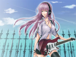Rule 34 | 1girl, bad id, bad pixiv id, blue eyes, breasts, cleavage, closed eyes, cowboy shot, day, guitar, headphones, instrument, large breasts, long hair, megurine luka, open clothes, open shirt, pink hair, shirt, short hair, sky, smile, solo, thighhighs, vocaloid