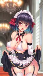 Rule 34 | 1girl, bare shoulders, blurry, blurry background, blush, bra, breasts, ch@r, clothes lift, detached collar, eyebrows hidden by hair, feet out of frame, female focus, garter belt, garter straps, groin, highres, indoors, large breasts, legs, looking at viewer, maid, maid headdress, multicolored hair, open mouth, original, project qt, red eyes, short hair, skirt, skirt lift, solo, standing, thighhighs, thighs, two-tone hair, underwear
