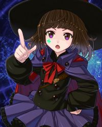 Rule 34 | 1girl, blunt bangs, cape, facial mark, hand on own hip, hat, long sleeves, open mouth, pointing, pointing at viewer, purple eyes, rikken (terra battle), short hair, skirt, solo, terra battle, witch hat, yagitori