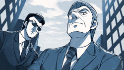 Rule 34 | 2boys, asada hachi, building, closed mouth, cloud, collared shirt, commentary request, formal, from below, highres, jacket, kaiji, looking down, male focus, monochrome, multiple boys, necktie, nostrils, security guard, serious, shirt, short hair, sky, skyscraper, suit, sunglasses, tonegawa yukio, upper body, wrinkled skin