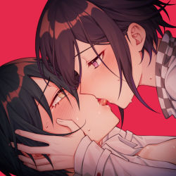Rule 34 | 2boys, black hair, blush, brown eyes, checkered clothes, checkered scarf, collarbone, commentary request, danganronpa (series), danganronpa v3: killing harmony, ewa (seraphhuiyu), eye contact, french kiss, from side, gradient hair, hand on another&#039;s face, kiss, long sleeves, looking at another, male focus, multicolored hair, multiple boys, oma kokichi, pink background, portrait, profile, purple eyes, purple hair, saihara shuichi, saliva, scarf, shirt, short hair, sweat, tears, white shirt, yaoi