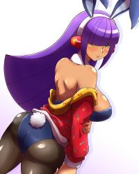 Rule 34 | 1girl, android, animal ears, ass, back, bare shoulders, black leotard, blunt bangs, blush, breasts, dark-skinned female, dark skin, detached collar, fake animal ears, fake tail, from behind, green eyes, hair over eyes, highres, hime cut, large breasts, layer (mega man), leotard, long hair, looking at viewer, mega man (series), mega man x (series), mole, nobuyu (77yusei), pantyhose, parted lips, playboy bunny, purple hair, rabbit ears, rabbit tail, robot ears, solo, strapless, strapless leotard, tail