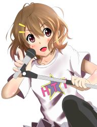 Rule 34 | 1girl, absurdres, bad id, bad pixiv id, brown eyes, brown hair, clothes writing, highres, hirasawa yui, k-on!, microphone, microphone stand, pantyhose, shirt, short hair, solo, t-shirt, wafoo
