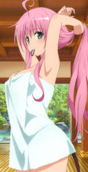 Rule 34 | 1girl, ahoge, green eyes, highres, lala satalin deviluke, long hair, mouth hold, naked towel, non-web source, official art, pink hair, solo, tail, to love-ru, towel, very long hair