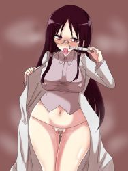 Rule 34 | 1girl, blush, breathing hard, condom, condom in mouth, condom wrapper, covered erect nipples, cowboy shot, crying, crying with eyes open, female pubic hair, fukuroi marika, glasses, gyoniku acv, highres, in heat, lab coat, long hair, mahou shoujo ikusei keikaku, mahou shoujo ikusei keikaku jokers, mouth hold, panties, pregnancy test, pubic hair, pussy juice, solo, split bangs, string panties, tears, thong, underwear, wet, wet clothes, wet panties