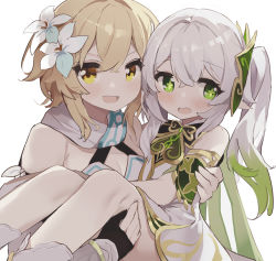 Rule 34 | bare shoulders, blonde hair, blush, carrying, commentary, coria, cross-shaped pupils, detached sleeves, dress, embarrassed, fingerless gloves, flower, genshin impact, gloves, gradient hair, green eyes, green hair, hair between eyes, hair flower, hair ornament, highres, long hair, looking at viewer, lumine (genshin impact), multicolored hair, nahida (genshin impact), open mouth, pointy ears, princess carry, short hair with long locks, side ponytail, simple background, sleeveless, smile, symbol-only commentary, symbol-shaped pupils, white background, white dress, white flower, white hair, yellow eyes
