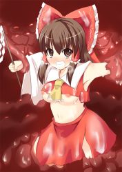 Rule 34 | 1girl, angry, armpits, ascot, blush, bow, breasts, brown eyes, brown hair, clenched teeth, cowboy shot, detached sleeves, gohei, hair bow, hair tubes, hakurei reimu, holding, imminent rape, kenpi (hs-totyu), long hair, looking at viewer, midriff, monster, navel, nipple slip, nipples, restrained, saliva, solo, tears, teeth, tentacles, torn clothes, touhou, underboob, wide sleeves