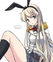 Rule 34 | 1girl, black skirt, black socks, blonde hair, buttons, cosplay, epaulettes, feet out of frame, grey eyes, grey skirt, jacket, kantai collection, kashima (kancolle), kashima (kancolle) (cosplay), kneehighs, kurage1, long hair, long sleeves, military, military jacket, military uniform, neckerchief, one-hour drawing challenge, pleated skirt, red neckerchief, shimakaze (kancolle), simple background, sitting, skirt, socks, solo, uniform, white background, white jacket