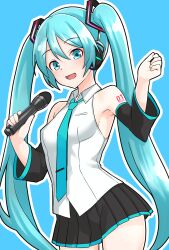 Rule 34 | 1girl, ahoge, aqua background, aqua eyes, aqua hair, aqua necktie, armpits, black gloves, black skirt, blush, breasts, commentary request, cowboy shot, elbow gloves, furaggu (frag 0416), gloves, gradient background, grey shirt, hair between eyes, hair ribbon, hatsune miku, highres, holding, holding microphone, long hair, looking at viewer, medium breasts, microphone, miniskirt, necktie, open mouth, pleated skirt, ribbon, shirt, sideless shirt, skirt, sleeveless, sleeveless shirt, smile, solo, thighs, twintails, very long hair, vocaloid