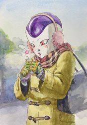 Rule 34 | 1boy, artist name, bag, blush, breath, coat, dragon ball, dragonball z, earmuffs, energy ball, frieza, hammar dobucof, highres, male focus, mittens, open mouth, painting (medium), piccolo, pink hair, purple lips, scarf, signature, solo, striped clothes, striped scarf, surprised, torn clothes, traditional media, tree, watercolor (medium), yellow coat